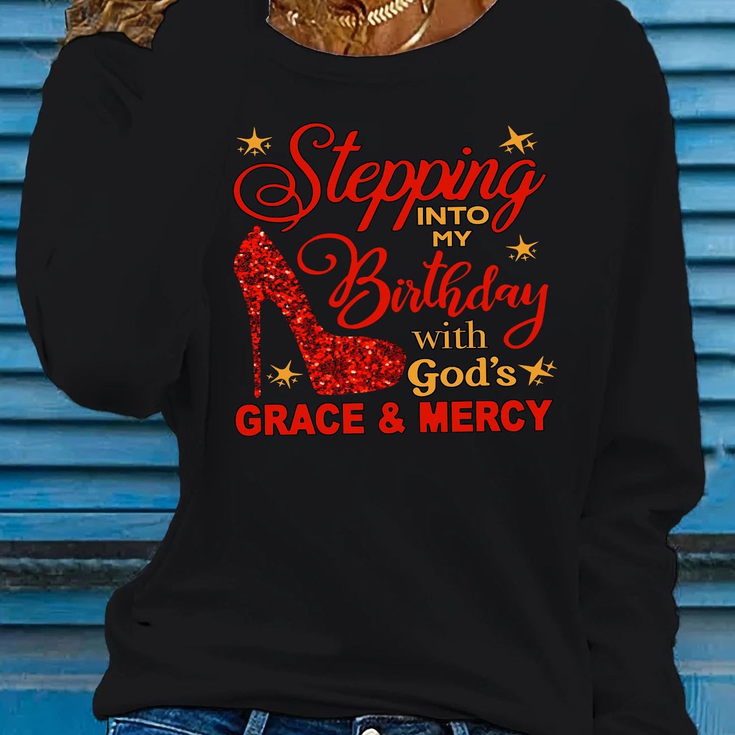 Women'S Christian Faith-Inspired "Stepping Into Birthday with God'S Grace & Mercy" Red High Heel Print Long Sleeve T-Shirt - Soft Breathable 95% 5%, Casual & Streetwear Style, Birthday Outfit, Trendy Streetwear, Medium Stretc