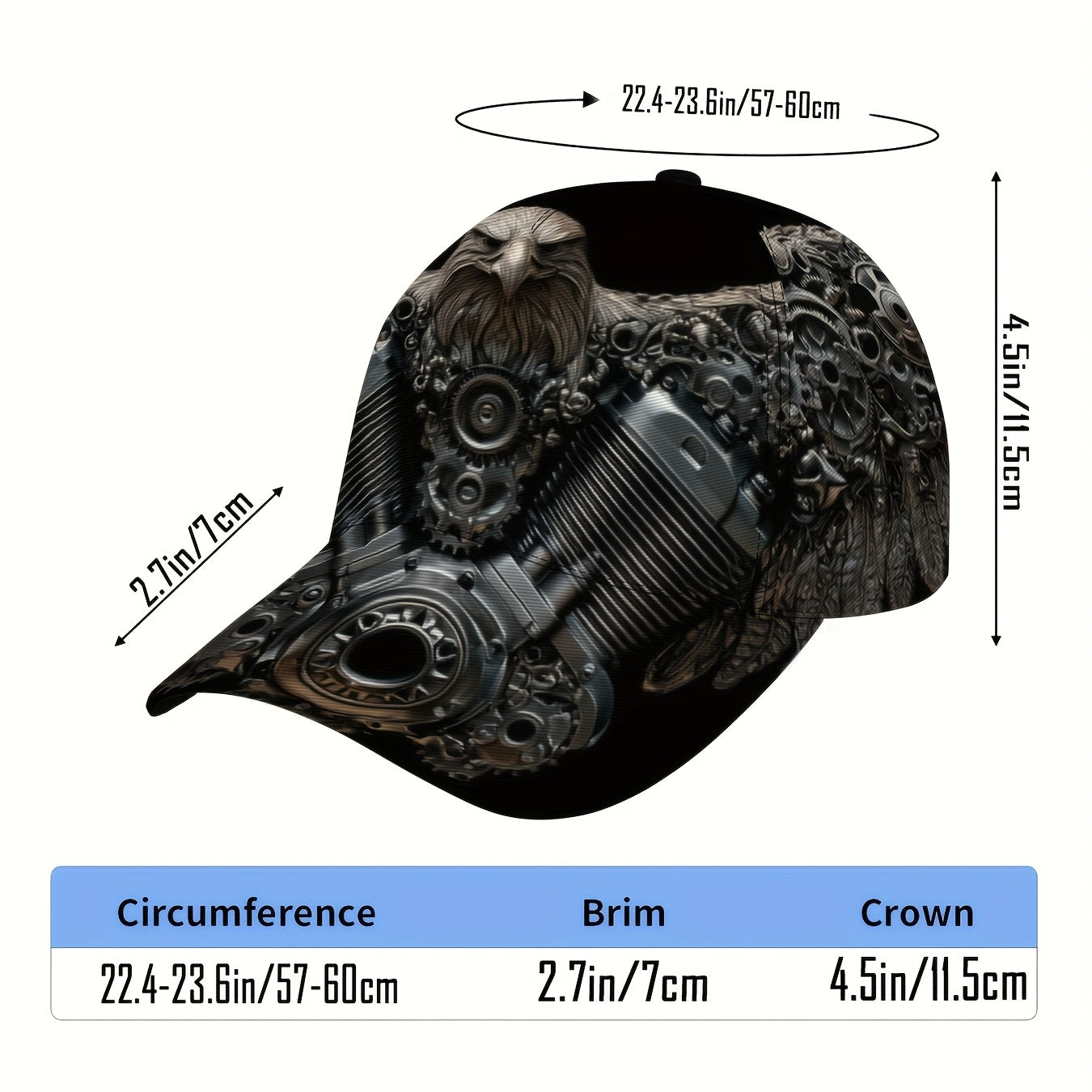 1pc Men's & Women's Mechanical Eagle Print Baseball Cap with Motorcycle/Gear Design - Adjustable Snapback, Foldable Lightweight Polyester Hat, All-Season Outdoor Sports Accessory, Durable Full-Body Motorcycle-Inspired Headwea