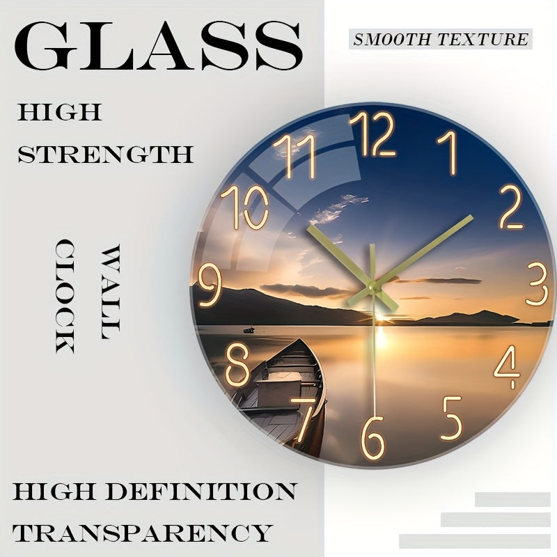 12 Inch Silent Glass Wall Clock with Sunset Mountain Lake Scene & Boat Design - Thickened Reinforced Glass, Battery Operated AA (Not Included), Modern Round Clock for Living Room, Bedroom Decor - Perfect Holiday, Birthday Gif