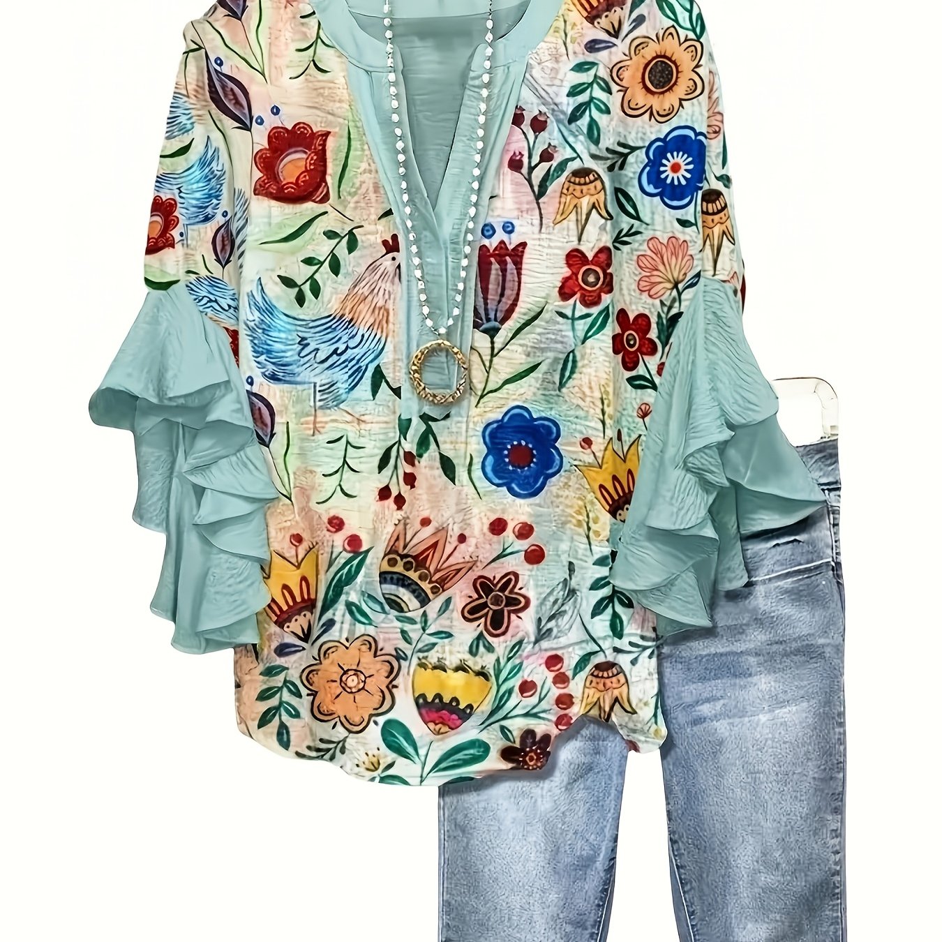 Plus Size - Plus-Size Women'S Paisley Print Ruffled Sleeve Stylish Casual Round Neck Autumn Shirt
