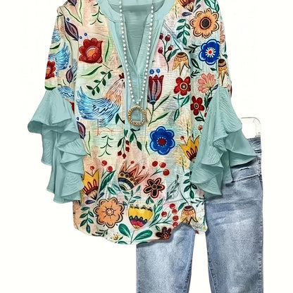 Plus Size - Plus-Size Women'S Paisley Print Ruffled Sleeve Stylish Casual Round Neck Autumn Shirt