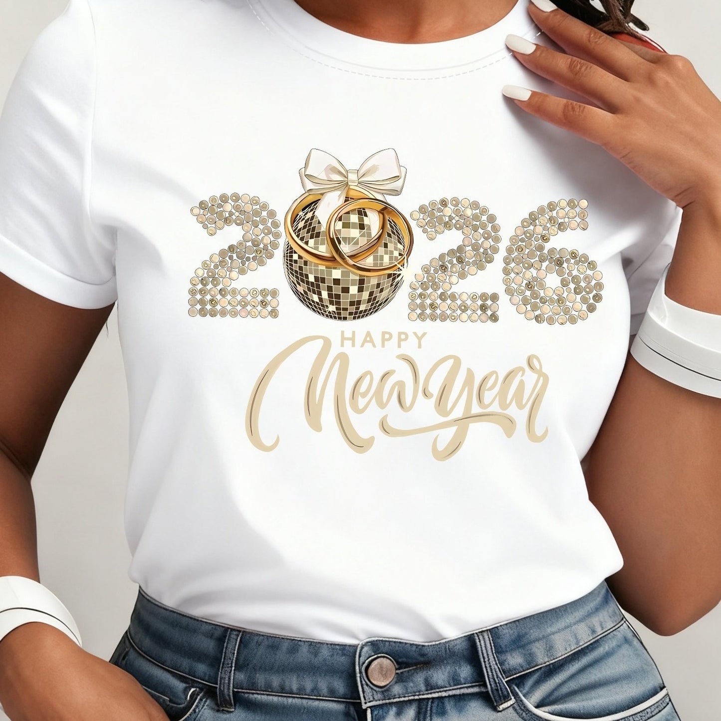 Women's 2026 New Year T-Shirt - Casual Round Neck Short Sleeve - Black & Golden Party Outfit for NYE 2026 Celebrations - Golden 2026 Number & Happy New Year Lettering with Rhinestone-Like 2026 Accent (Machine Washable)