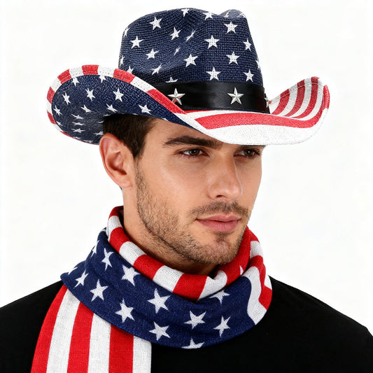 2pcs Set USA Flag Western Cowboy Style Outdoor Hat and Scarf | Trendy Accessories for Personal Expression, Fiber, Brand NEULRY.