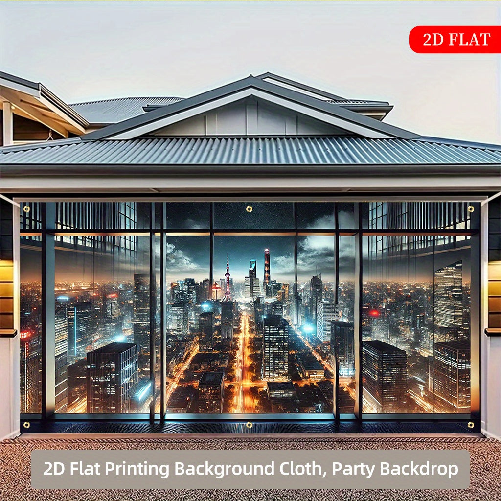 2D Flat 1-Piece Night City Skyline Polyester Fabric Backdrop, 71x157 Inches, Multi-Scene 2D Printed Decor for Parties, Festivals, Gardens & Garages – No Power Needed
