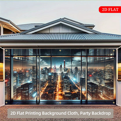 2D Flat 1-Piece Night City Skyline Polyester Fabric Backdrop, 71x157 Inches, Multi-Scene 2D Printed Decor for Parties, Festivals, Gardens & Garages – No Power Needed