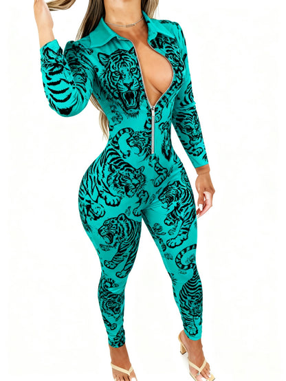 Women's Full-Body Animal Print Zipper Jumpsuit - Lightweight y Track Suit, Collar Tight-Suit for Casual Daily Wear & Outfits, Machine Washable Year-Round Wearable for y Outfits Suitable for Daily Outings & swear