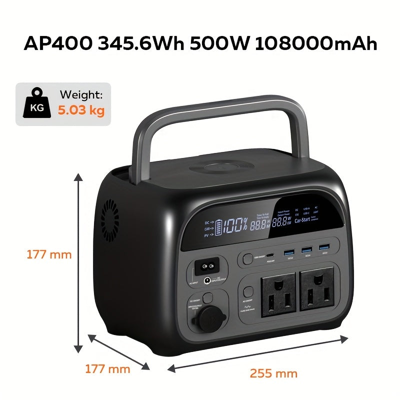 345Wh 500W Portable Power Station (100W Solar Panel Sold Separately) | LiFePO4 Battery, UPS Function, 2x110V AC Output | Power for Camping Gear, Garden/Yard Decor, Party Decorations, Christmas Lights | Solar Generator, Emerge