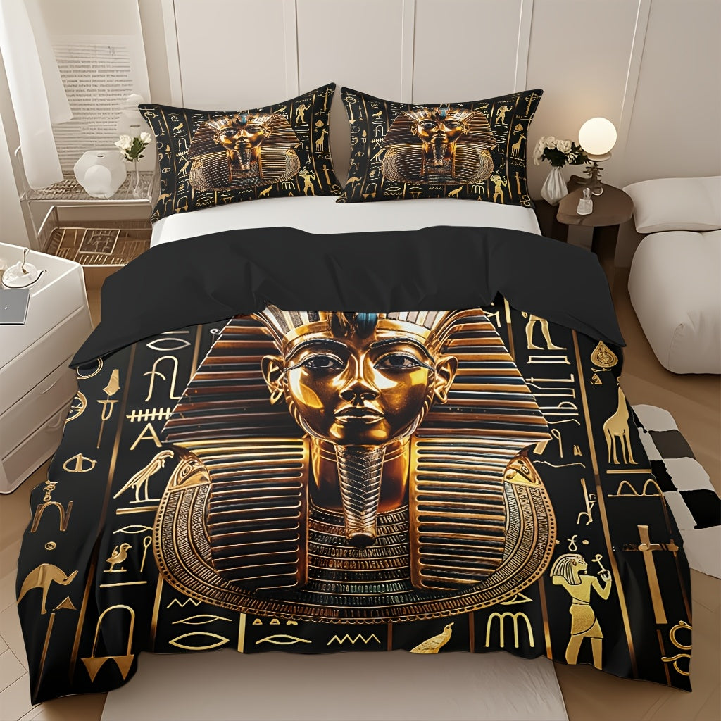 3pcs Egyptian Pharaoh Comforter Set - Soft High-Definition Digital Print Design, Perfect Gift, All-Season Use! Soft, Breathable 100% Polyester, Ideal For Family And Friends - Machine Washable (1 Comforter Cover + 2 Pillowcase
