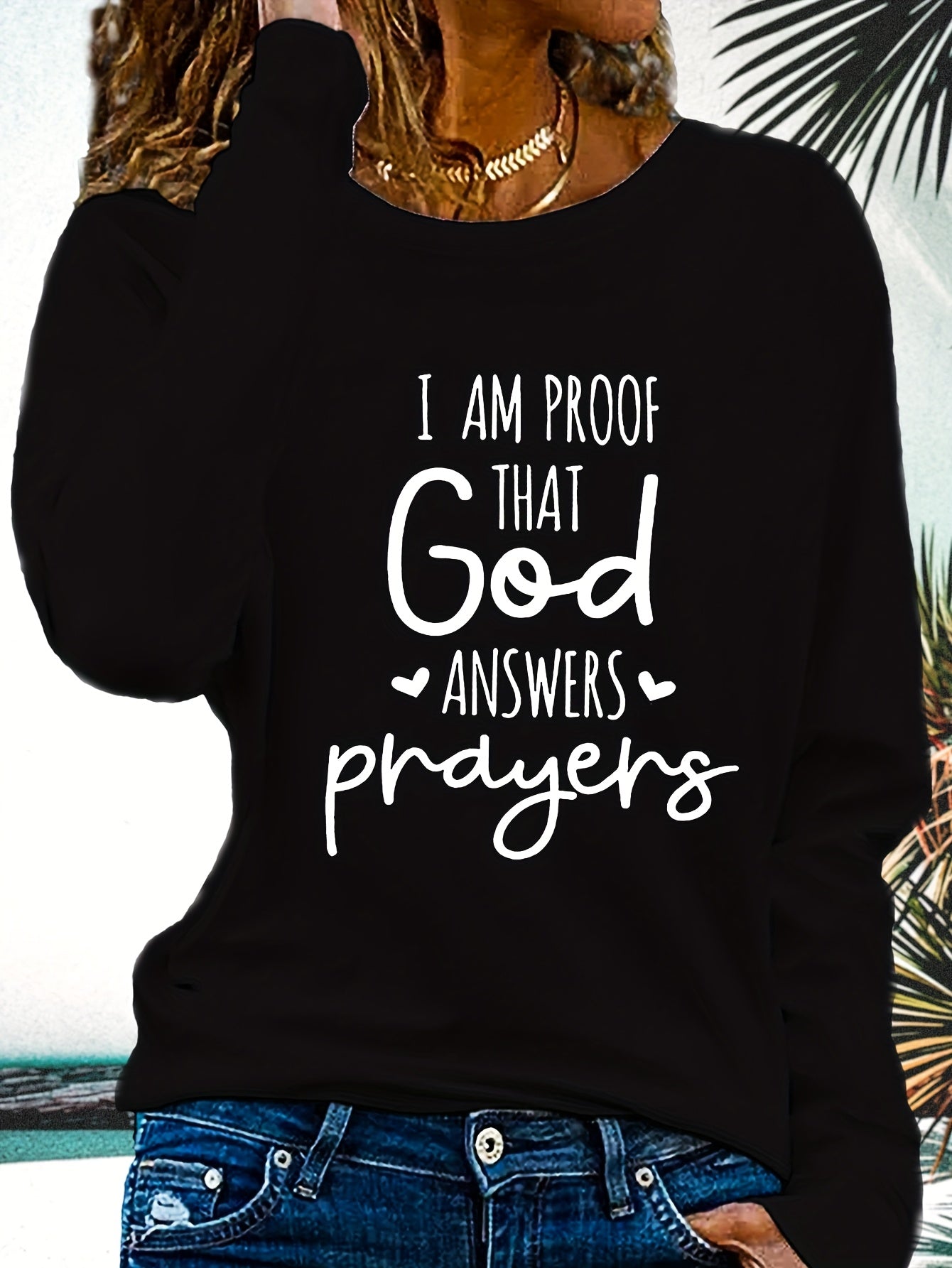 Women's Faith T-Shirt - "I Am Proof God Answers Prayers" Verse Print, Blue Long Sleeve Crew Neck Casual Top, 180gsm Heavyweight Religious Apparel for Church, Casual Attire & Prayer Outfits