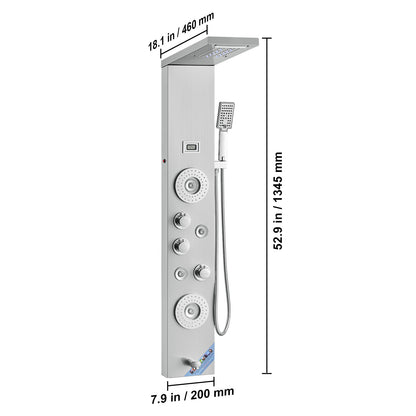 VEVOR Shower Panel System, 6 Shower Modes, LED & Display Shower Panel Tower, Rainfall, Waterfall, 4 Body Massage Jets, Tub Spout, Handheld Shower Head 59" Hose, Stainless Steel Wall-Mounted Shower Set