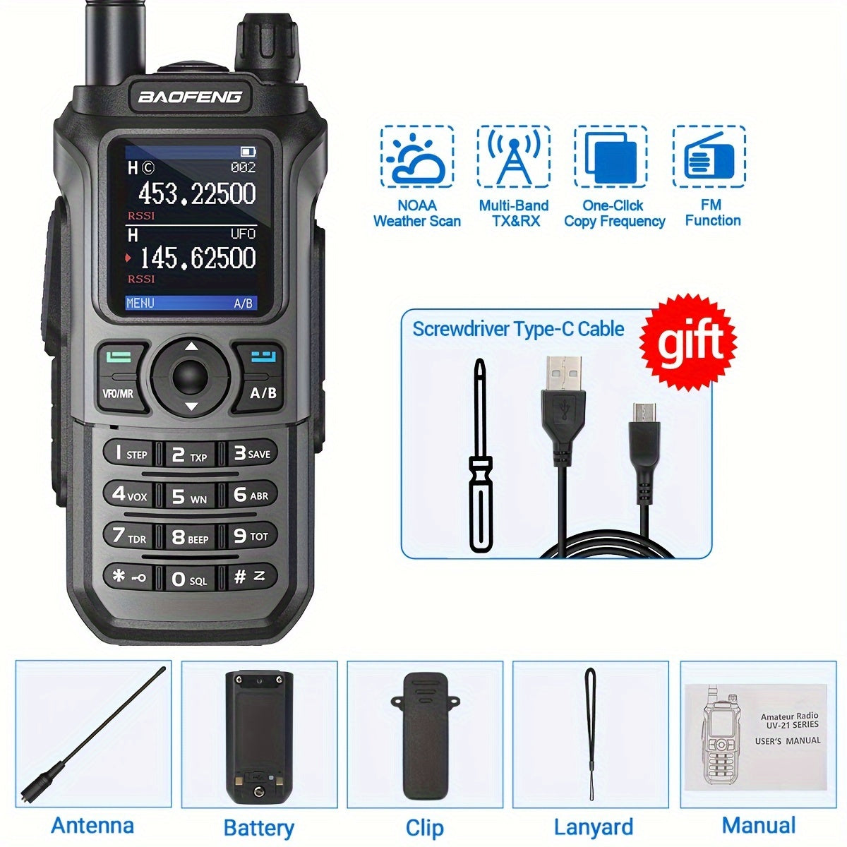 BaoFeng UV-21R Ham Radio Handheld Two-Way Radio - Long Range UHF/VHF Dual Band Walkie Talkie with Type-C Charging, 999 Channels, NOAA Weather Alerts, USB/Battery Powered, Compatible with UV-5R - for Camping, Construction, Eve