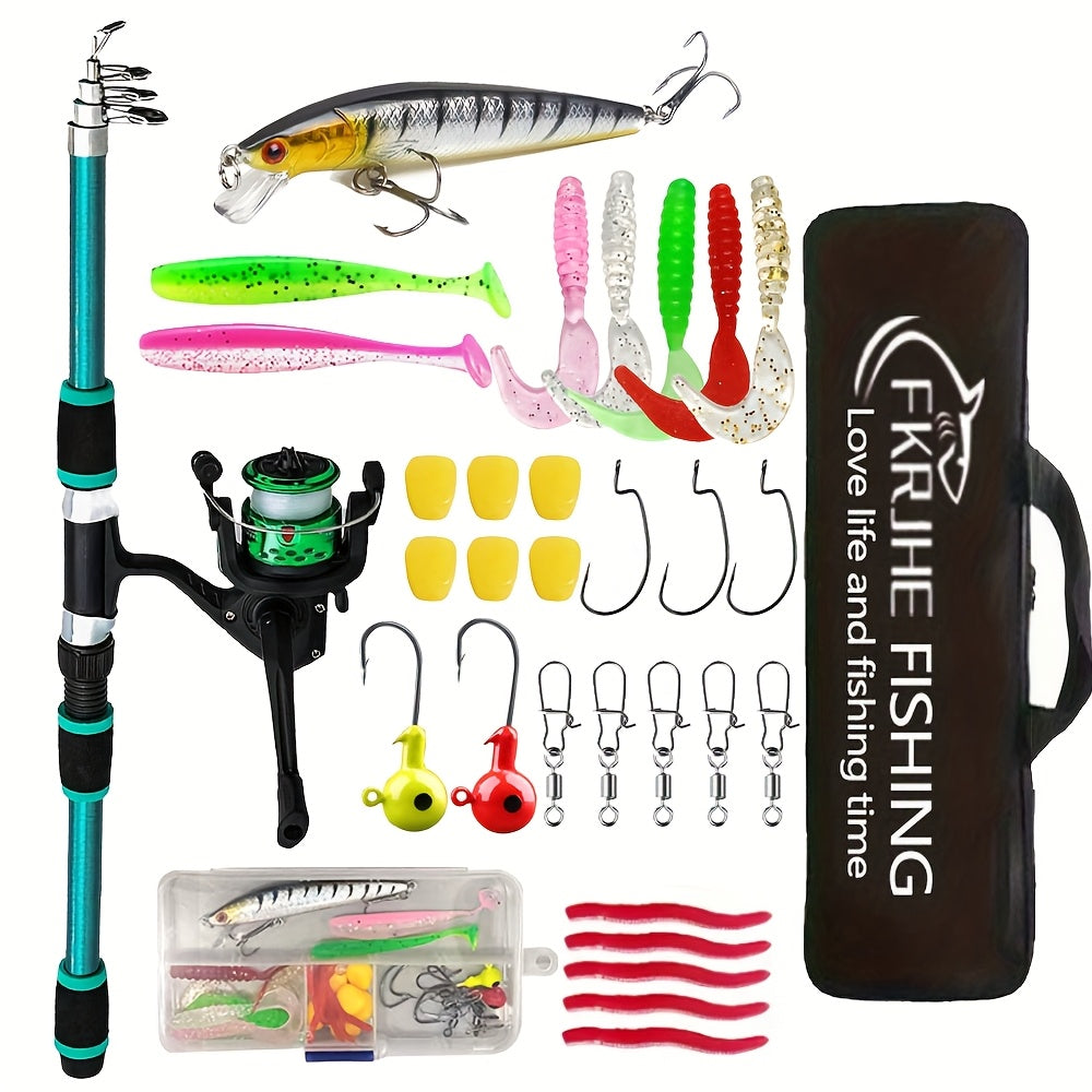 Complete 70.87 Inch Fishing Rod Set, Beginner Sea Casting, Pre-Loaded with Fishing Line, Including Telescopic Rod, Bait Kit with Portable Fishing Gear Bag, Fishing Reel, Mino, Soft Bait, Etc., Suitable for Traveling, Saltwate