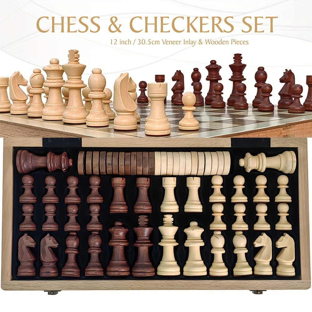 1pc Limited Edition 30.5cm Large Wooden Chess and Checkers Set - Foldable Strategy Game with Exquisite Board and German Knight Staunton Pieces, Portable and Durable Storage Box - For Chess & Checkers Enthusiasts - Perfect Gif