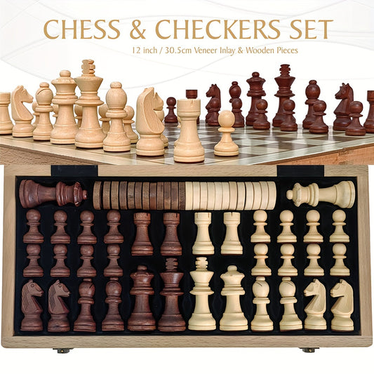1pc Limited Edition 30.5cm Large Wooden Chess and Checkers Set - Foldable Strategy Game with Exquisite Board and German Knight Staunton Pieces, Portable and Durable Storage Box - For Chess & Checkers Enthusiasts - Perfect Gif