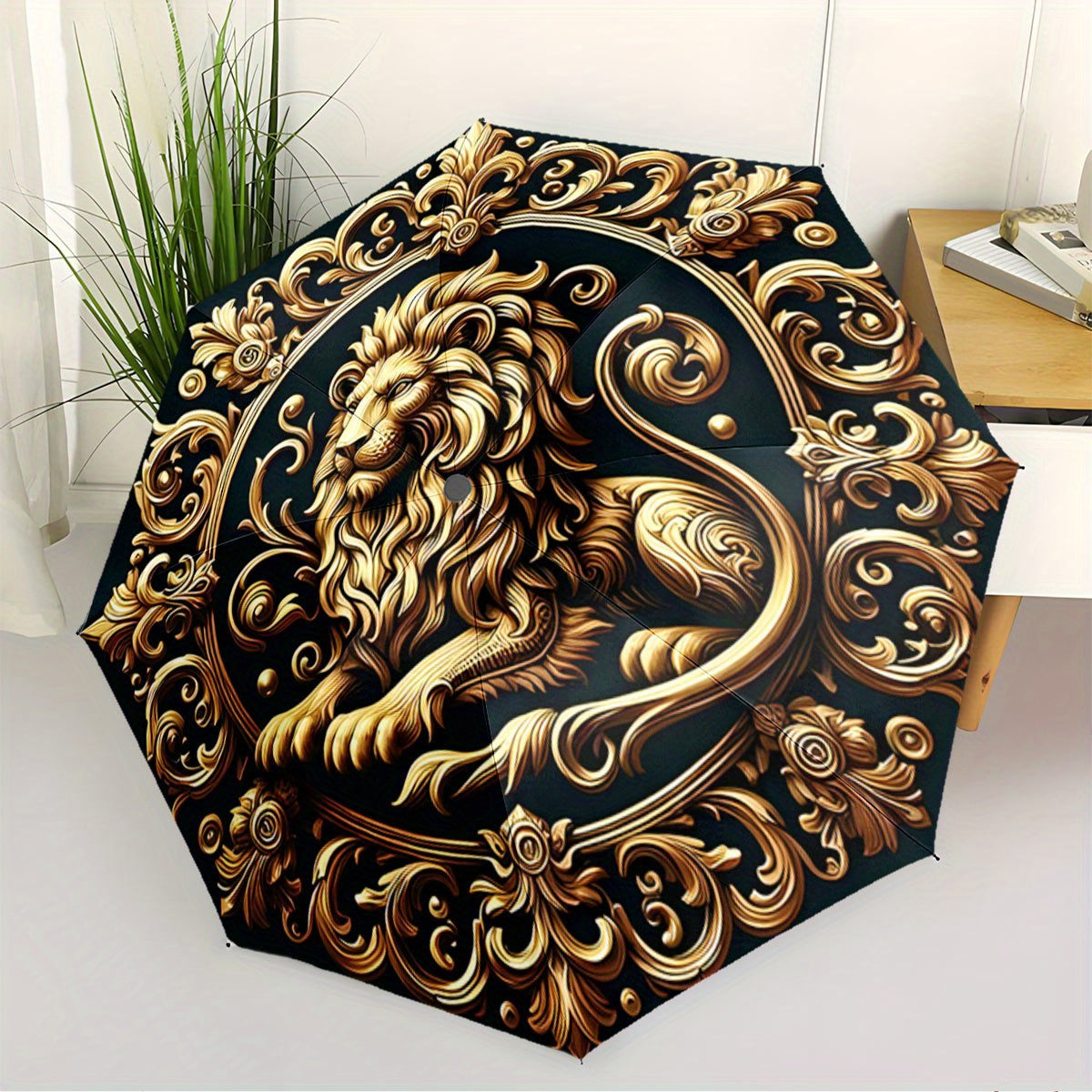 Automatic Open/Close Umbrella with Golden Lion & Ornate Swirls - Luxury Elegant Design, Auto Folding Compact Umbrella for Men/Women, Birthday/Christmas Gift - Dark Background with Golden Accents -
