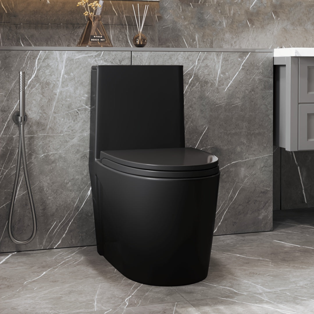 1.1/1.60 GPF Dual-Flush Toilet, Water-Saving Elongated Comfort Height Floor Mounted, Soft Close Seat, 2.2 LB Map Flushing Score Toilet, Matte Black