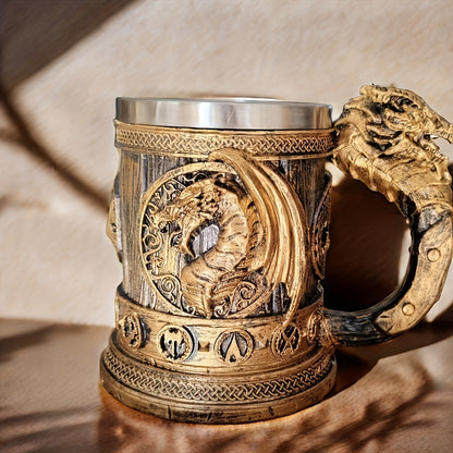 Vintage Medieval Handle Beer Mug: 600ml/20.29oz Large Capacity Stainless Steel Mug - Perfect for Summer Beverages, Coffee, or as a Men's Birthday Gift - Hand Wash Only - Resin Cup Collection