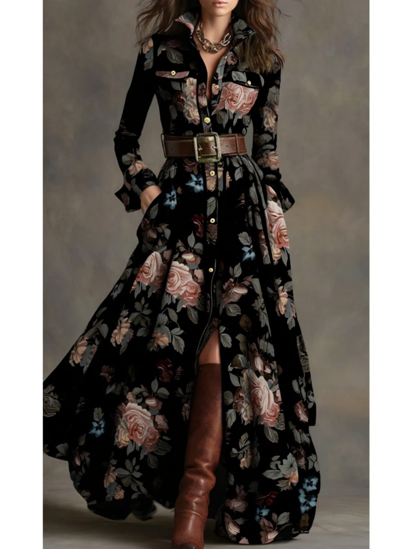 Women'S Black-Based Pink & Brown Rose Print Waist-Cinched Maxi Dress | Retro Elegant Style, Suitable for Luxury Social Events, Formal Occasions, and Daily Streetwear