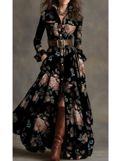 Women'S Black-Based Pink & Brown Rose Print Waist-Cinched Maxi Dress | Retro Elegant Style, Suitable for Luxury Social Events, Formal Occasions, and Daily Streetwear