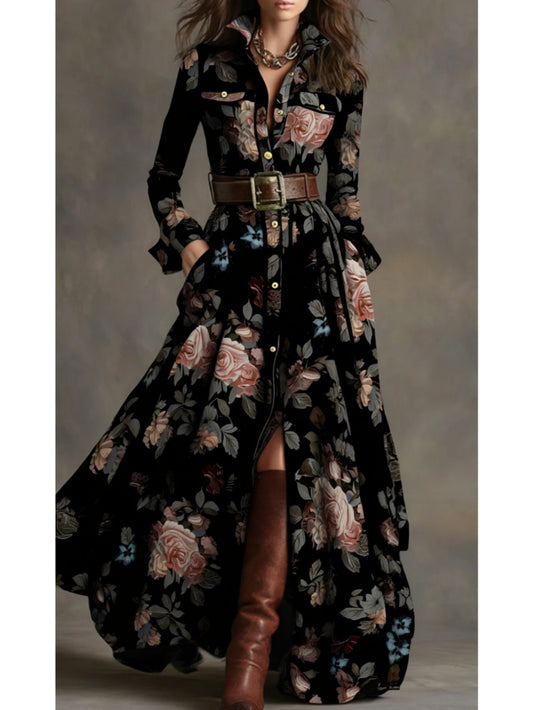 Women'S Black-Based Pink & Brown Rose Print Waist-Cinched Maxi Dress | Retro Elegant Style, Suitable for Luxury Social Events, Formal Occasions, and Daily Streetwear