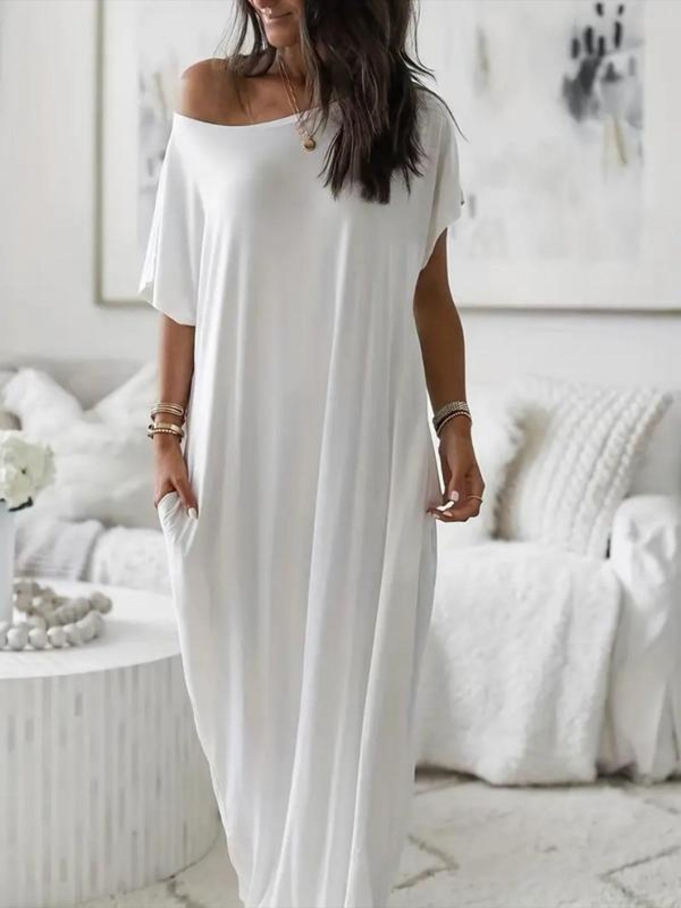 Women's Solid Color Batwing Sleeve Lounge Dress, Casual Comfy Short Sleeve Nightdress for Daily Wear, Loungewear, Ladies Sleepwear for All Seasons
