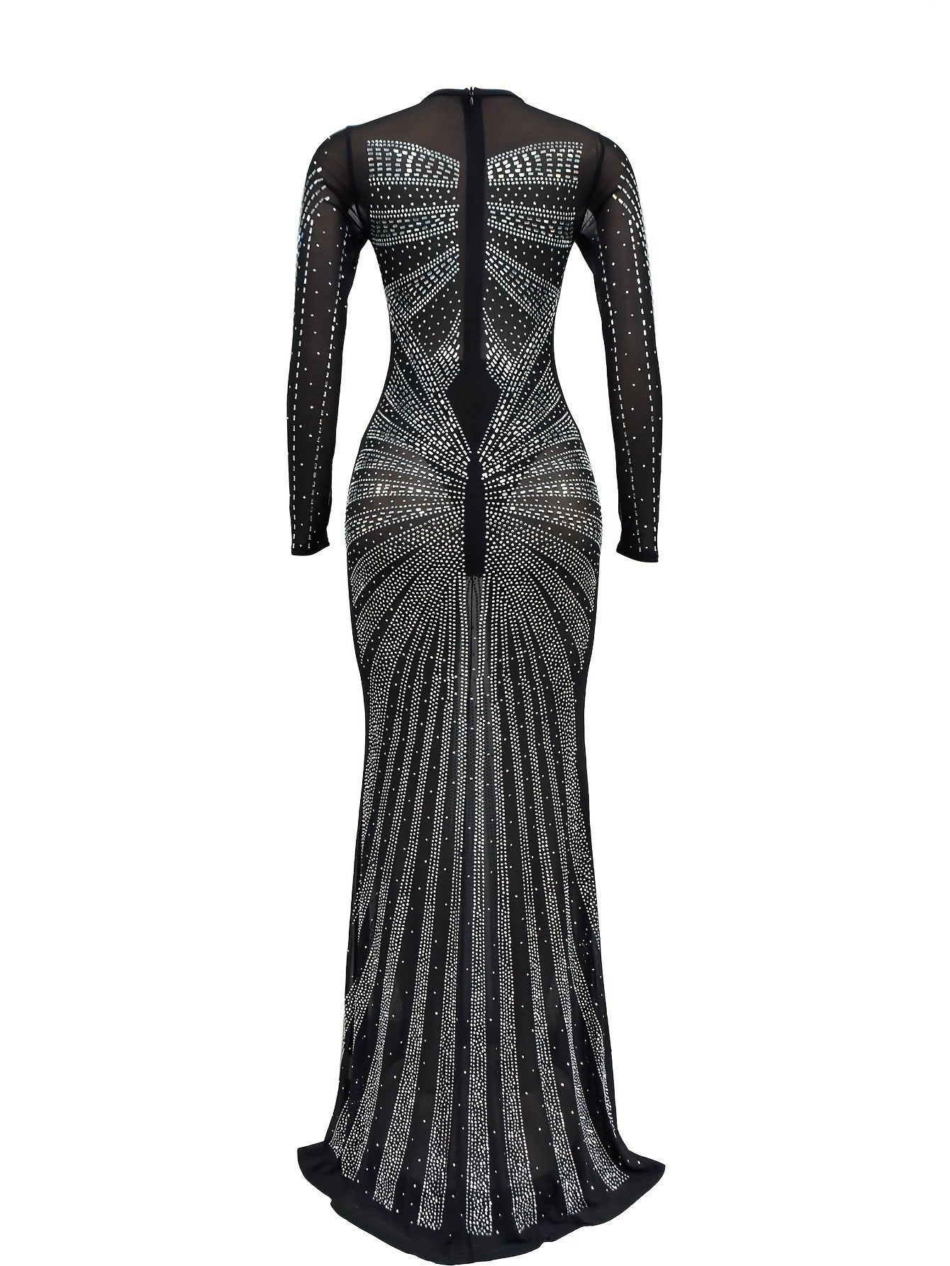 Long Sleeve Maxi Dress - Elegant Sheer Mesh with Rhinestone Detail - Bodycon Fit for Women - Perfect for Spring/Summer/Fall