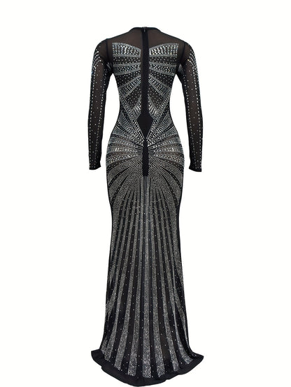 Long Sleeve Maxi Dress - Elegant Sheer Mesh with Rhinestone Detail - Bodycon Fit for Women - Perfect for Spring/Summer/Fall
