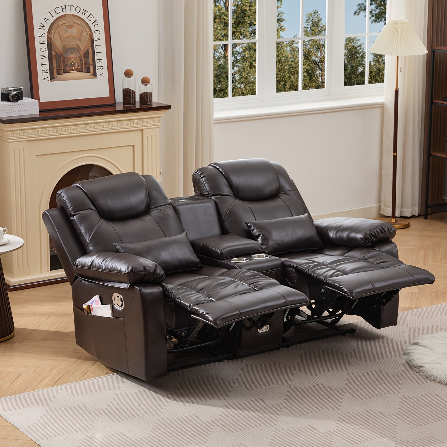 63" Brown Faux Leather Recliner Sofa with Console, Cup Holders, Lumbar Pillow & Storage Pocket - Contemporary Metal Frame Office Chair for Home or Office Use