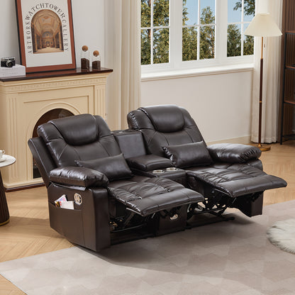63" Brown Faux Leather Recliner Sofa with Console, Cup Holders, Lumbar Pillow & Storage Pocket - Contemporary Metal Frame Office Chair for Home or Office Use
