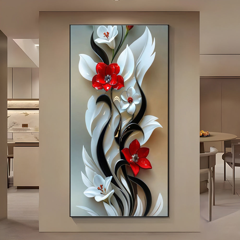 DIY 5D Diamond Painting Set, Various Sizes 50*100cm 19.68*39.37inch; 60*120cm 23.62×47.24inch, Black and White Flower Decorated Red and White Theme. Suitable for Home and Office Decoration. Full Diamond Canvas Art Furniture