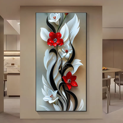 DIY 5D Diamond Painting Set, Various Sizes 50*100cm 19.68*39.37inch; 60*120cm 23.62×47.24inch, Black and White Flower Decorated Red and White Theme. Suitable for Home and Office Decoration. Full Diamond Canvas Art Furniture