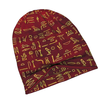 BIIHUDU Men's Egyptian Hieroglyphic Beanie Hat - Ancient Egypt Themed Textile with Symbol & Pharaoh Design, Red/Black/Brown/ Colors, Cultural History Accessory for Costumes, Themed Parties & Casual Attire