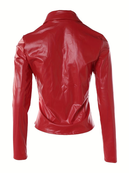 Solid PU Blouse, Sexy Slim Button Front Long Sleeve Collar Blouse, Women's Clothing