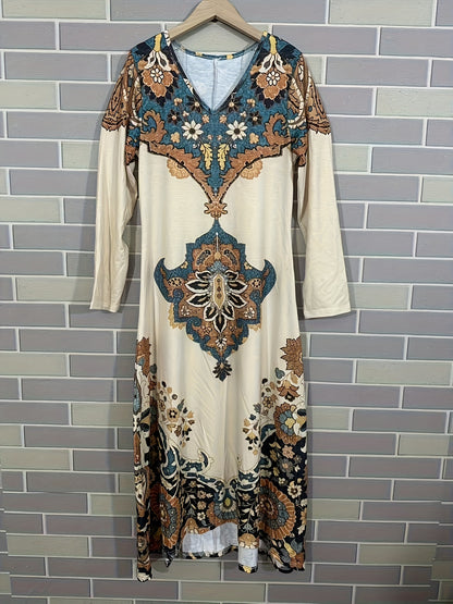 Women's Vintage Paisley Print A-Line Maxi Dress - Scottish Tartan Dress with Paeisle Pattern, All-Season Machine Washable Wedding Guest Gown, Casual & Formal Wear
