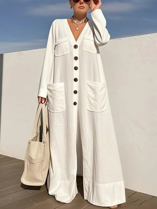 Women'S Elegant White V-Neck Wide-Leg Jumpsuit - Single-Button Closure, Structured Fit with Chest Pocket & Vertical Button Closure, Solid Color Winter Warmth, Versatile Resort Style Outfit for Vacation, Casual & Formal Events