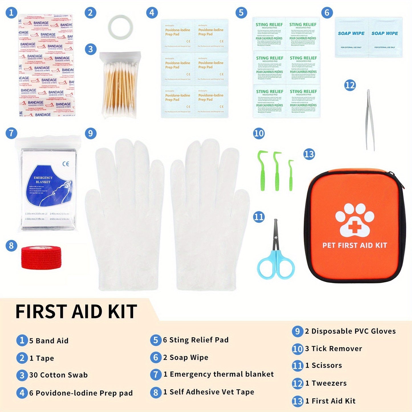 Portable Pet First Aid Kit with Emergency Care Storage Bag - All-in-One Dog & Cat Emergency Medical Supply Set, Pre-Stocked with Gauze Pads, Bandages, Scissors, Tweezers, Thermometer & Muzzle - Compact & Organized for Home, T