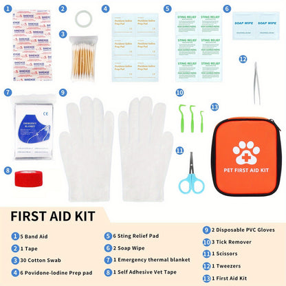 Portable Pet First Aid Kit with Emergency Care Storage Bag - All-in-One Dog & Cat Emergency Medical Supply Set, Pre-Stocked with Gauze Pads, Bandages, Scissors, Tweezers, Thermometer & Muzzle - Compact & Organized for Home, T