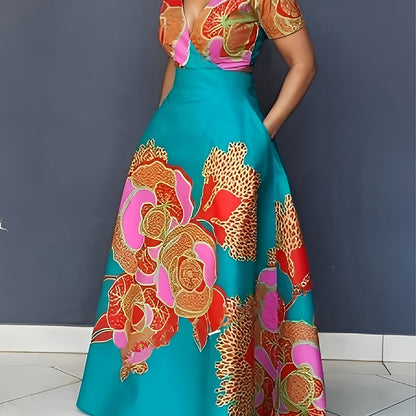 Floral Print V Neck Dress - Elegant Short Sleeve A-line Flowy Dress for Spring & Summer - Women's Clothing - For Women - Perfect for Casual Occasions, Parties & Dates - Ideal Gift for Her