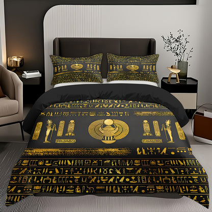 Egyptian Theme Duvet Cover Set - 3pcs Soft High-Definition Digital Print In Black And Golden - Breathable Polyester, Machine Washable - Perfect Gift For All-Season Use With Duvet Cover And Pillowcases