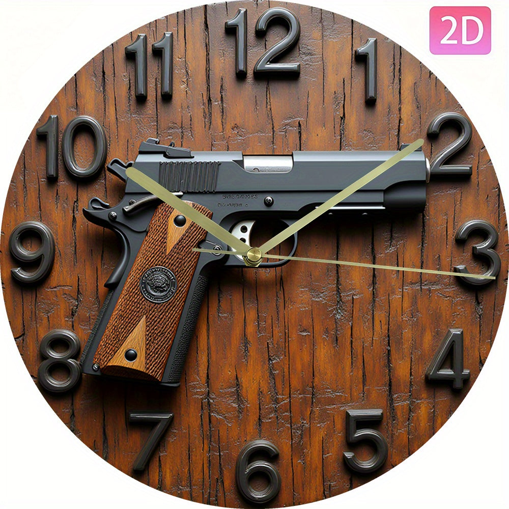 2D Flat Acrylic Wall Clock with Gun Design - Silent Non-Ticking Battery Operated (AA Not Included) - Modern Home Office Dorm Decor - Unique Christmas Halloween Birthday Gift, 2D Flat