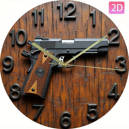 2D Flat Acrylic Wall Clock with Gun Design - Silent Non-Ticking Battery Operated (AA Not Included) - Modern Home Office Dorm Decor - Unique Christmas Halloween Birthday Gift, 2D Flat