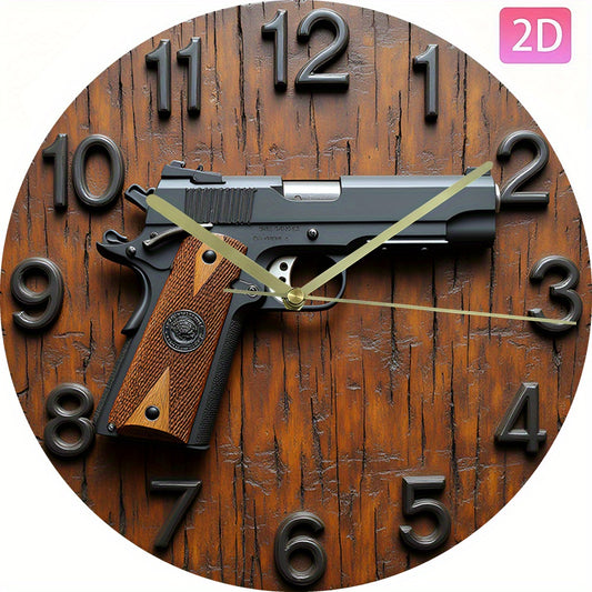 2D Flat Acrylic Wall Clock with Gun Design - Silent Non-Ticking Battery Operated (AA Not Included) - Modern Home Office Dorm Decor - Unique Christmas Halloween Birthday Gift, 2D Flat