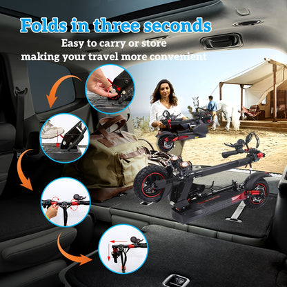 Foldable Electric Scooter with Detachable Seat & 10" All-Terrain Vacuum Tires - 48V15Ah/55KM Range, 50KM/H Speed, Dual Disc Brakes, Heavy-Duty e-Scooter for Off-Road, Commuting, Hills - Global Voltage ( Plug)