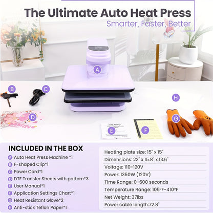 15x15 Inch Swivel Auto Heat Press Machine, 360° Swing Away Smart T-Shirt Printing W/Auto Press & Auto Release & Auto-Off, 7 Adjustable Pressures & 1.85" Higher Heating Height for HTV, Dual-tube Heatinbg, Sublimation, Heat Tr