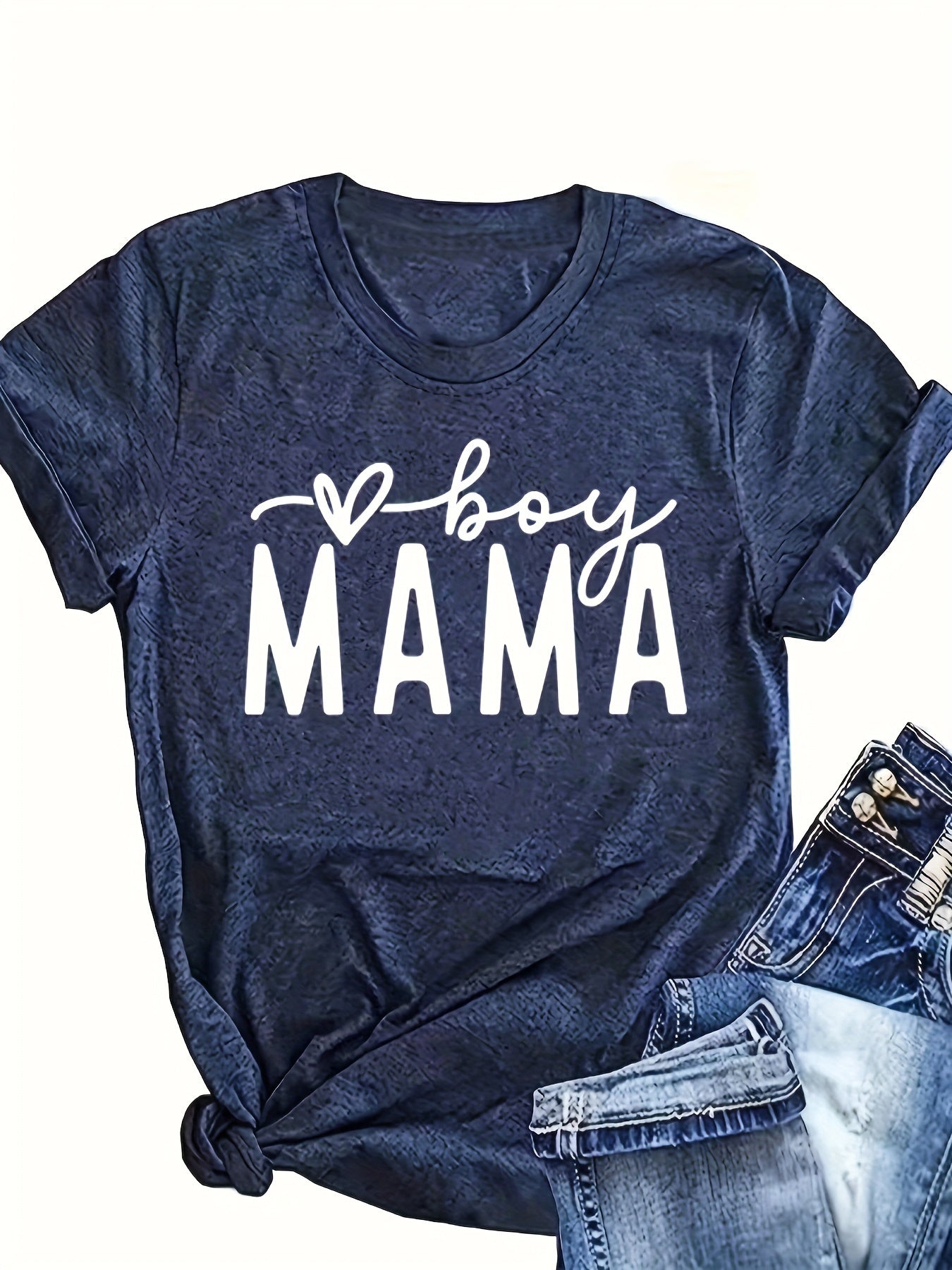 Mama Print Crew Neck T-shirt, Casual Short Sleeve Top For Spring & Summer, Women's Clothing
