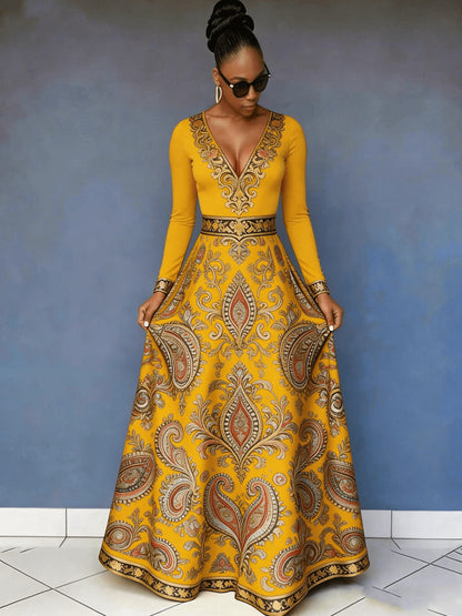Flower Rich And Luxurious Flower Print Design Women's V-neck Dress with Waist Cinching And Shaping, And Casual Drape, Sexy Charm, Fresh Temperament, Commuting Trend, Elegant Long Skirt, Cocktail Party, High-end Occasion