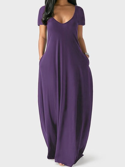 Solid Simple Dress, Casual Short Sleeve Maxi Dress With Pockets, Women's Clothing