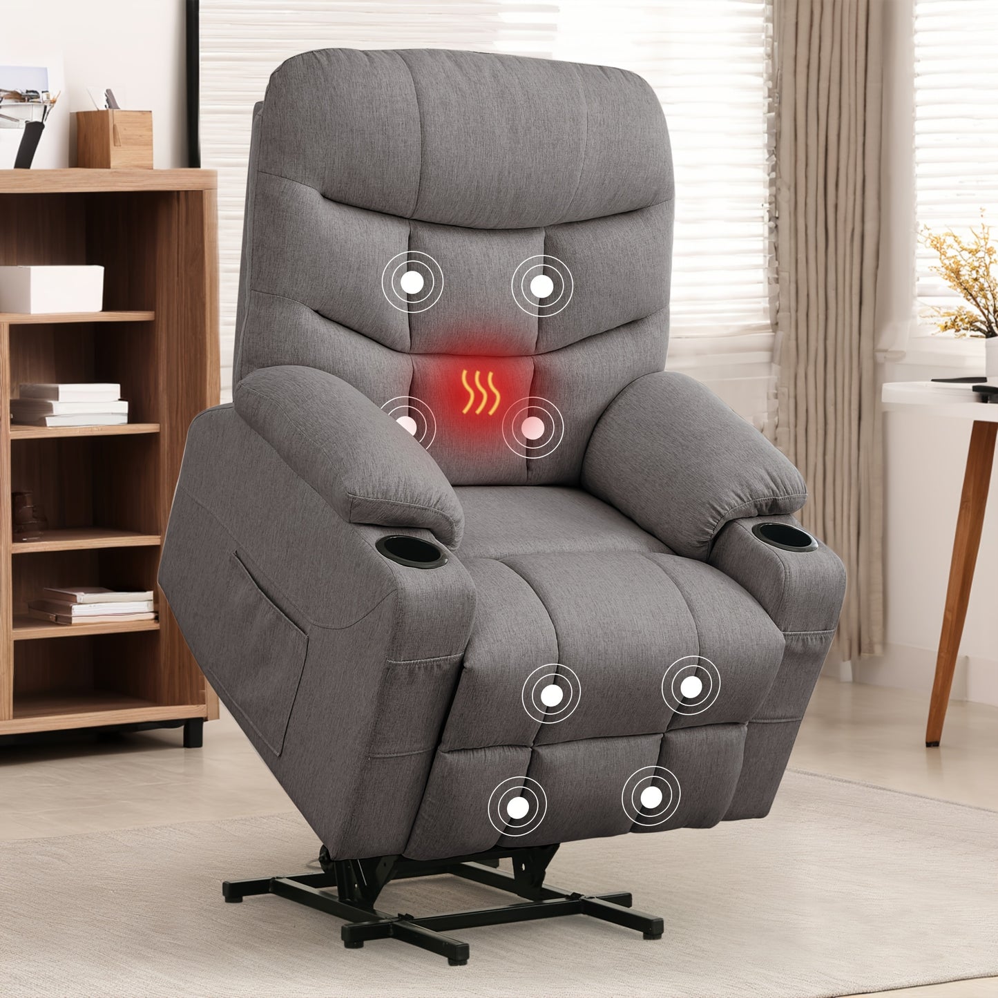 Power Lift Recliner Chair For Elderly And Adults, Power Recliner Chair With Massage And Heating, Electric Recliner With Remote Control And Cup Holders For Living Room, Grey Linen Fabric