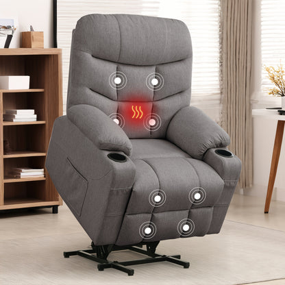 Power Lift Recliner Chair For Elderly And Adults, Power Recliner Chair With Massage And Heating, Electric Recliner With Remote Control And Cup Holders For Living Room, Grey Linen Fabric