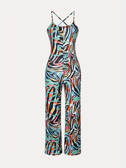 Women's Stylish All-Over Print Cami Jumpsuit - Vibrant Abstract Pattern, High Elasticity, Machine Washable, Perfect for Spring/Summer/Fall